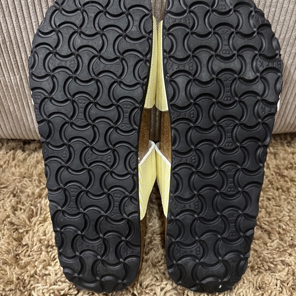 Birki's by Birkenstock Aziza Yellow & White Stripes Double Strap Slides Sandals - Picture 11 of 13